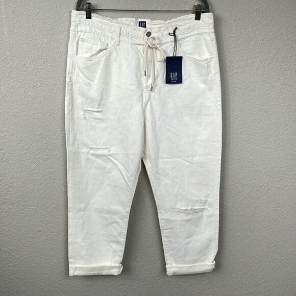 NWT Gap Boyfriend Draw Cord High Rise Distressed Jeans Paperbag Off White Sz 31P - Picture 5 of 15
